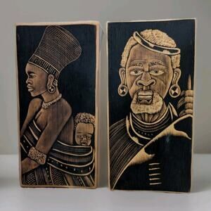 Vintage African Wood Burning Art Plaques Tribal Portrait Man Woman Child 2pc Set